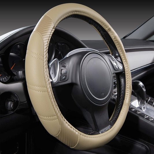 CAR PASS Line Rider Microfiber Leather Sporty Steering Wheel Cover Universal Fits for 95% Truck,SUV,Cars, Anti-Slip Safety Comfortable Desgin (Beige-Carbon Fiber)