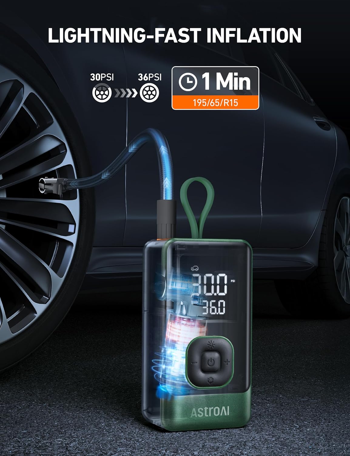 AstroAI L7 Air Tire Inflator Portable Air Compressor, 150PSI Electric Cordless Pump with Fast 1-min Inflation, Auto Shutoff, LED Light – Rechargeable for Car, SUV, Motorcycle, Bike Tires (Green)