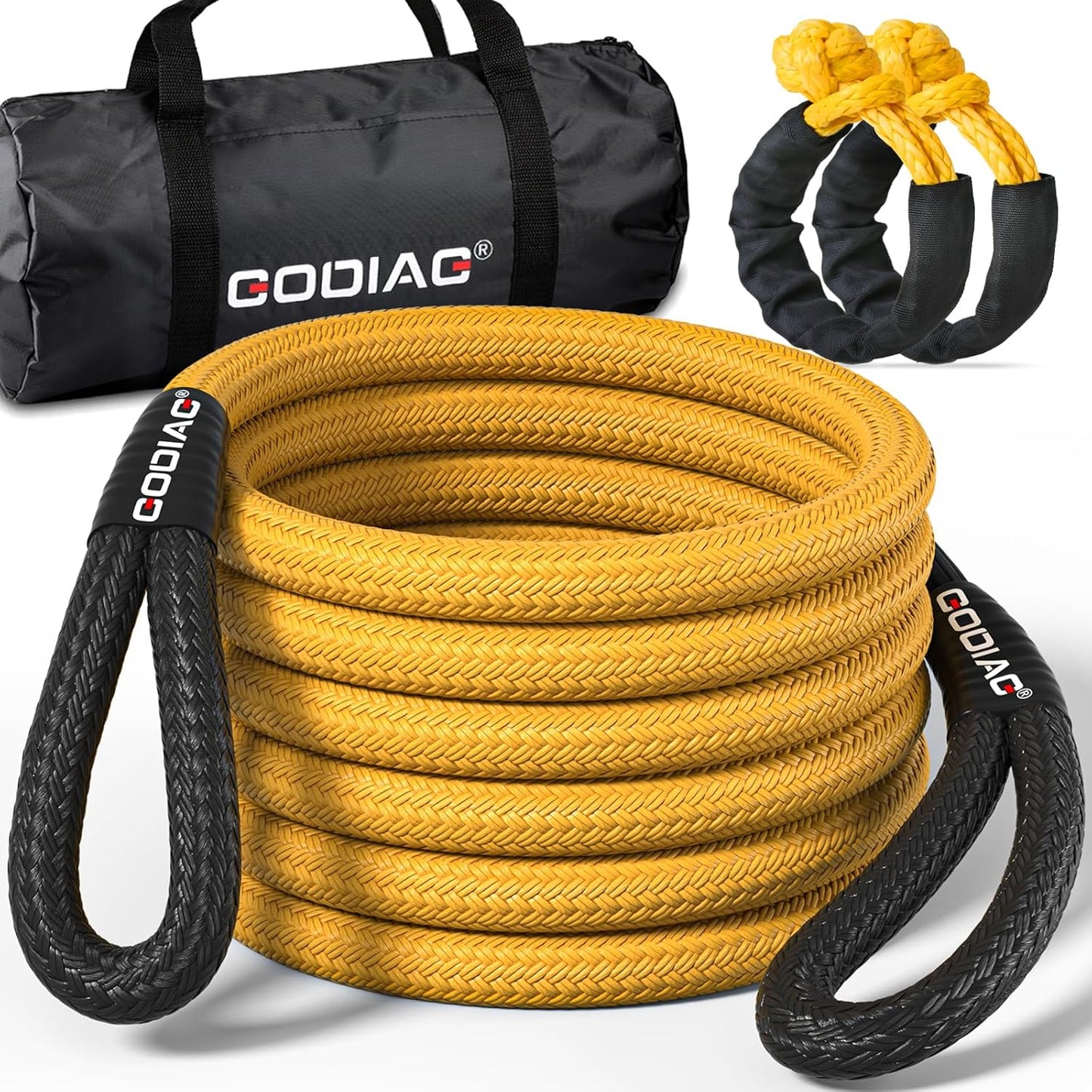 GODIAG 1"×20ft Kinetic Recovery Rope (33000lbs) Heavy Duty Energy Tow Rope with 2 Soft Shackles, Offroad Power Stretch Snatch Rope for Truck Jeep Car ATV UTV Tractor