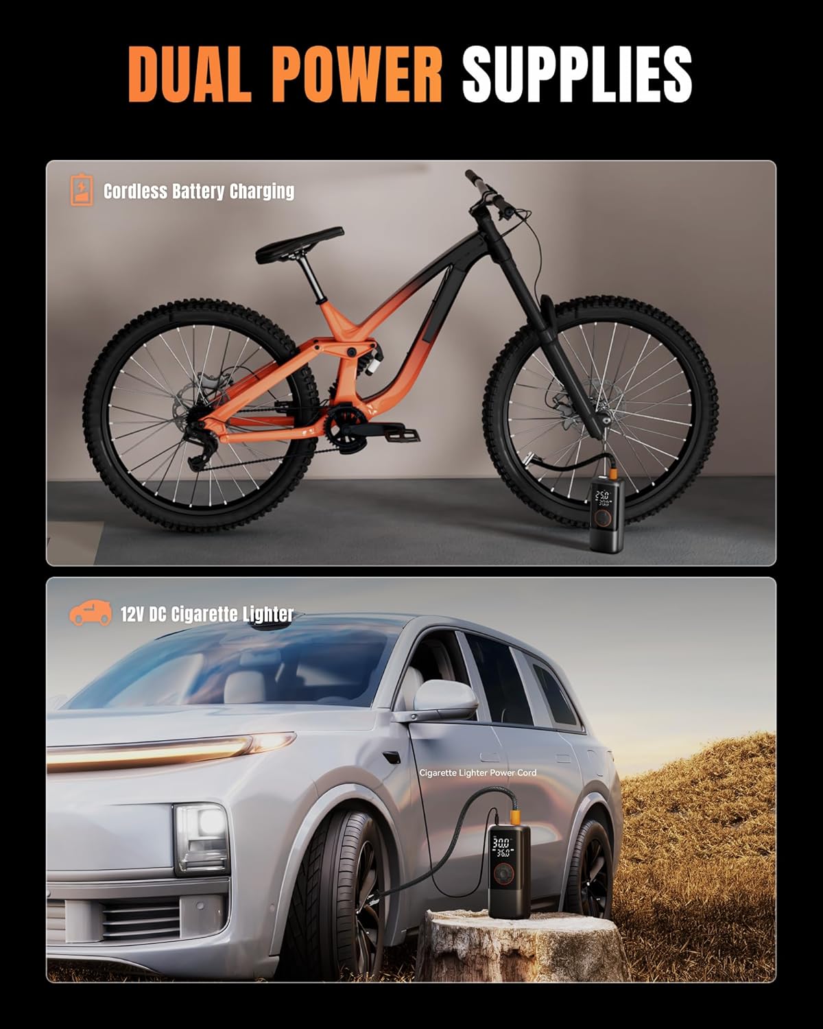 Tire Inflator Portable Air Compressor, 150PSI Air Compressor for Car Tires, Cordless Bike Pump with Pressure Gauge & LED Light, Tire Pump for Cars, Motorcycles, Bikes, Balls