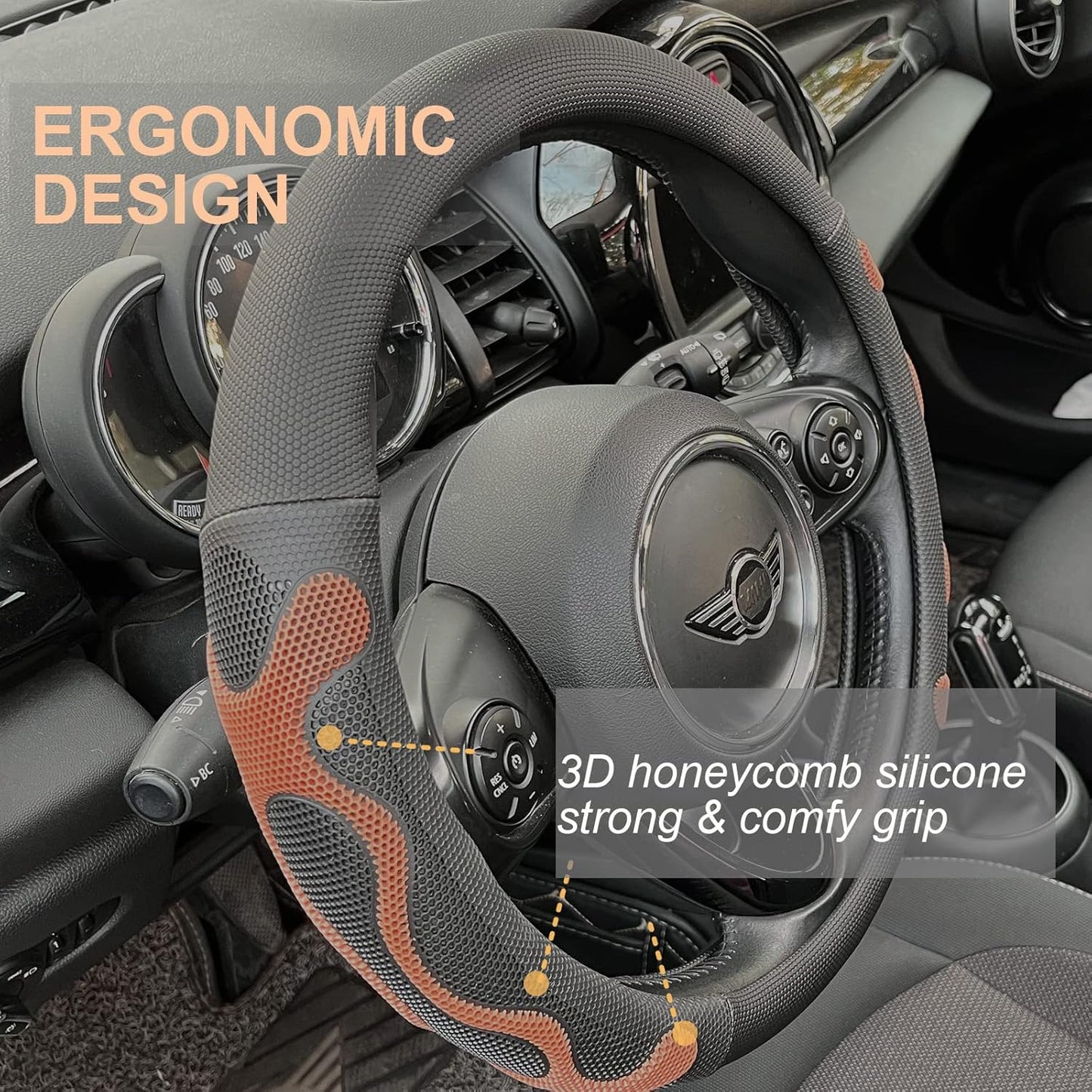 PINCTROT Comfy Grip Steering Wheel Cover, Anti-Slip Design, Universal 14.5-15 Inch(Silicone Brown)