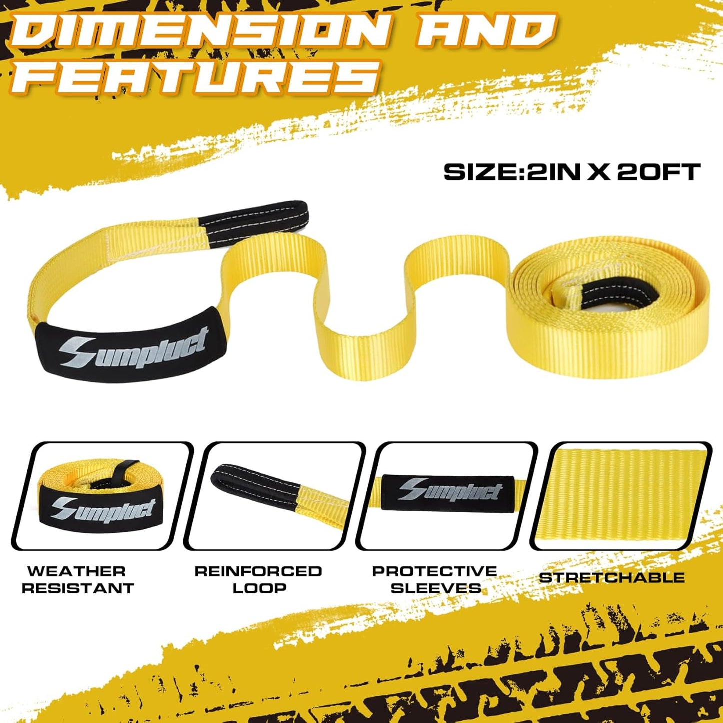 Recovery Tow Strap 2in X 20ft Exceed Heavy Duty 25,000 lbs Break Strength, Use for Emergency Towing Rope, Tree Saver, Winch Extension, Triple Reinforced Loops,Car Accessories