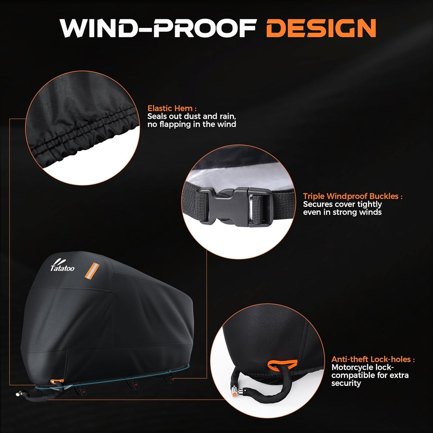 Motorcycle Cover Waterproof Outdoor, 300D Heavy Duty, UV & Rain Resistant, 3 Wind-Resistant Buckles, Dual Lock Holes, Includes Storage Bag, Fits Most Motorcycles up to 96.5",Silver