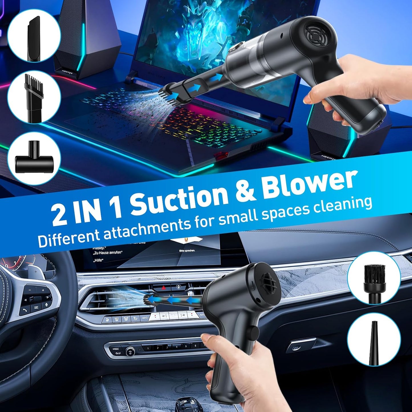 Mini Vacuum Cleaner, 120W High Power Handheld Car Vacuum Cleaner, 2 in 1 Air Duster and Hand Held Vacuum Portable Cordless, Rechargeable Small Vacuum for Car, Home, Office, Pet（Black）