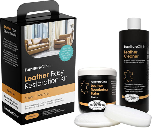 Furniture Clinic Leather Easy Restoration Kit | with Leather Recoloring Balm, Cleaner, Sponge, and Cloth | Leather Repair Kit for Scratched and Faded Furniture (Black)