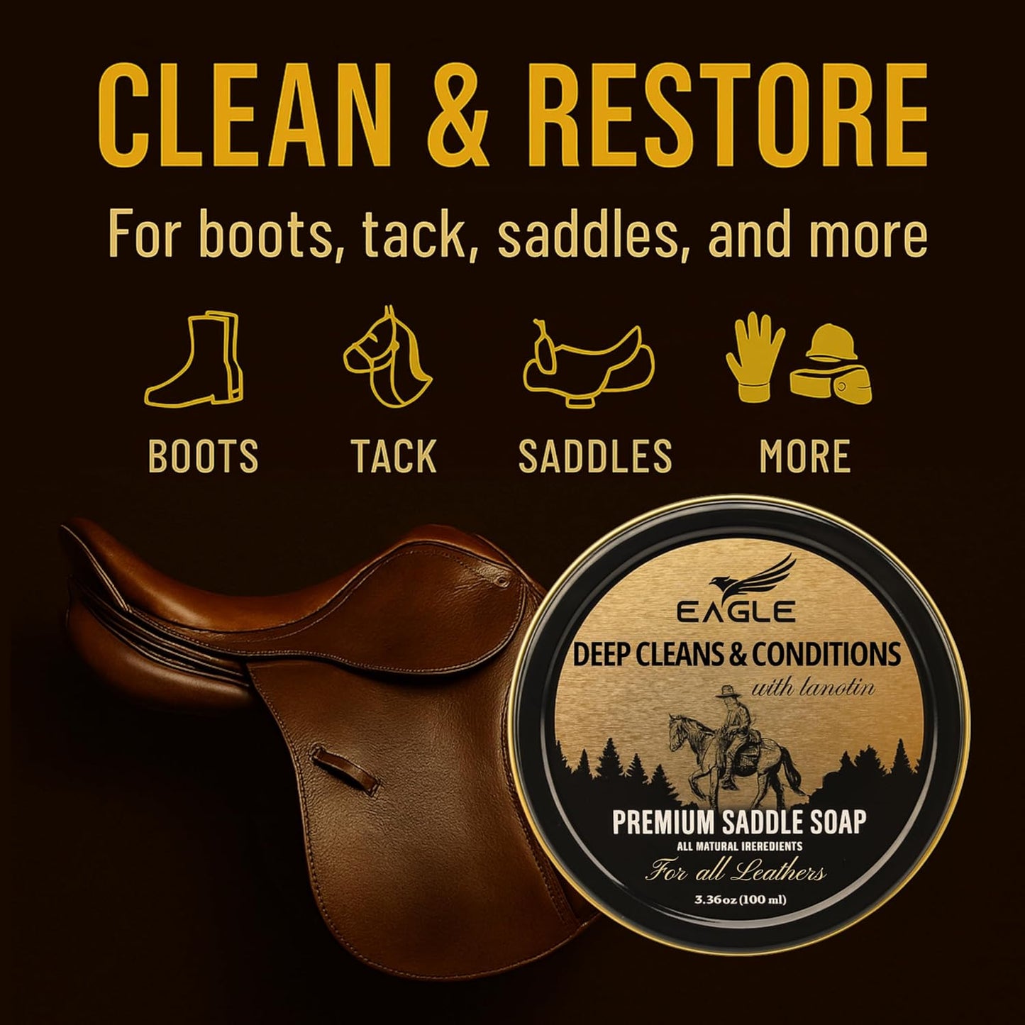 Saddle Soap for Leather – 3-Piece Saddle Soap Kit for Leather Cleaning, Boots, Tack, and Saddles – Includes Applicator and Cloth – Leather Soap and Conditioner for Leather Boots and Tack Care