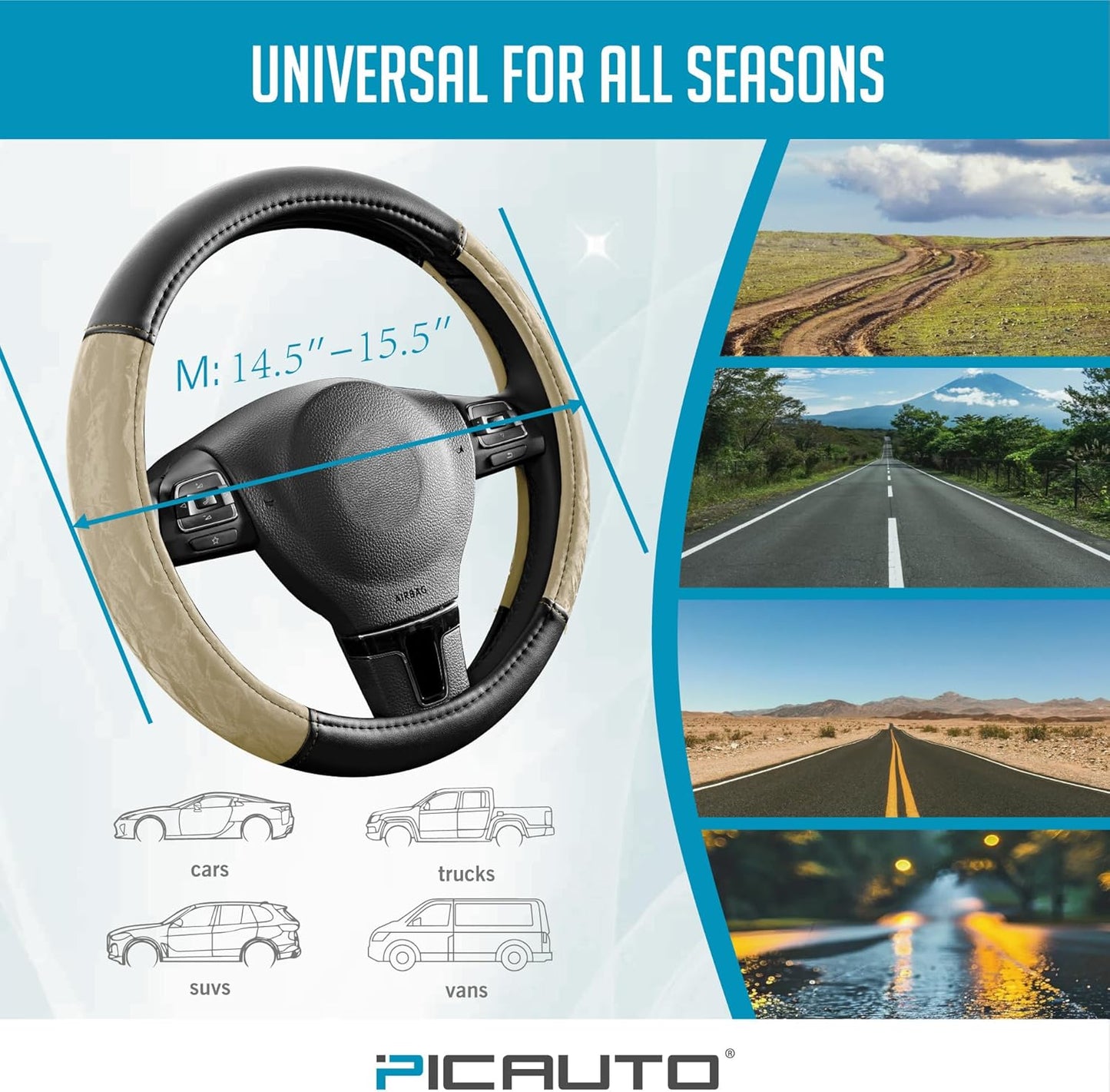 PIC AUTO Steering Wheel Cover, Silk Grain Leather Car Steering Wheel Protector, Comfortable Grip, Universal 14.5-15.5 Inch Anti-Slip Steering Wheels Accessories for Men & Women (Beige)