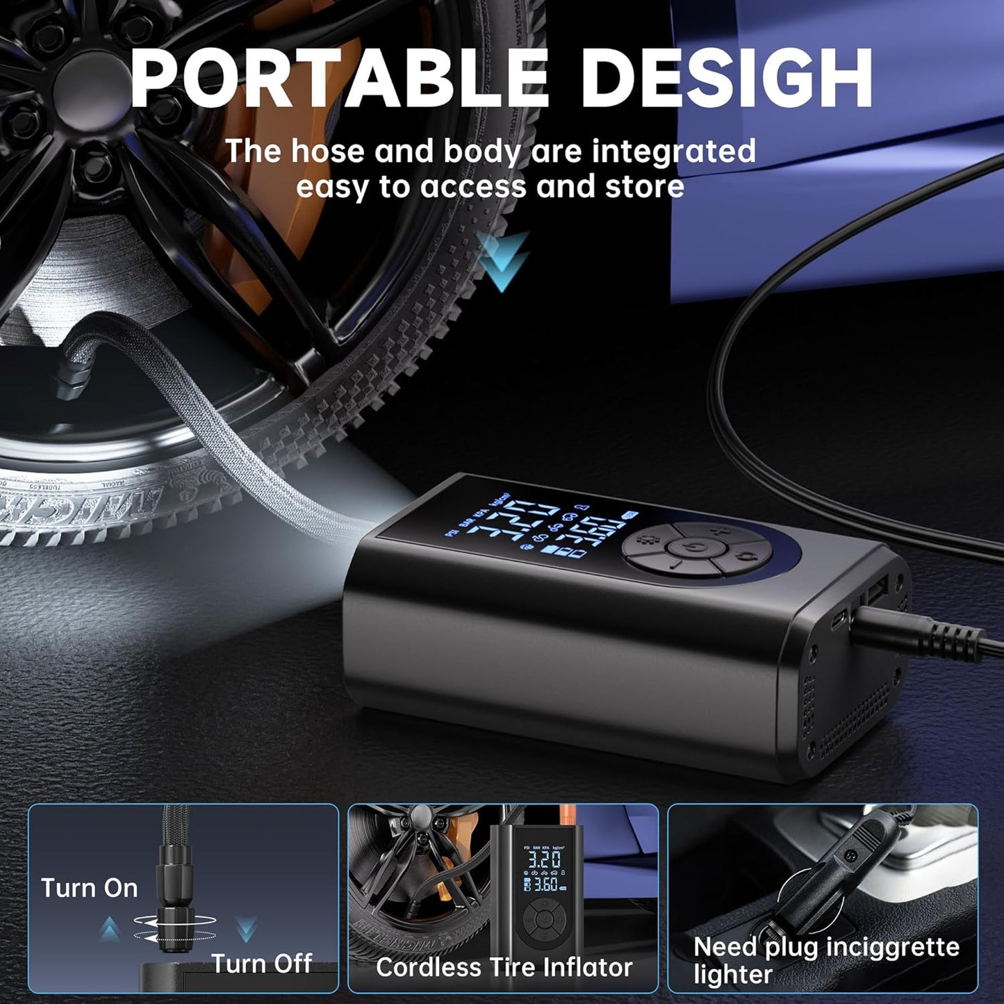 Tire Inflator Portable Air Compressor, 150 PSI Air Pump for Car Tires with Digital Pressure Gauge, LED Light and Auto Shut-Off Function, Portable Air Inflator for Car/Motorcycle/Bike/Balls and More