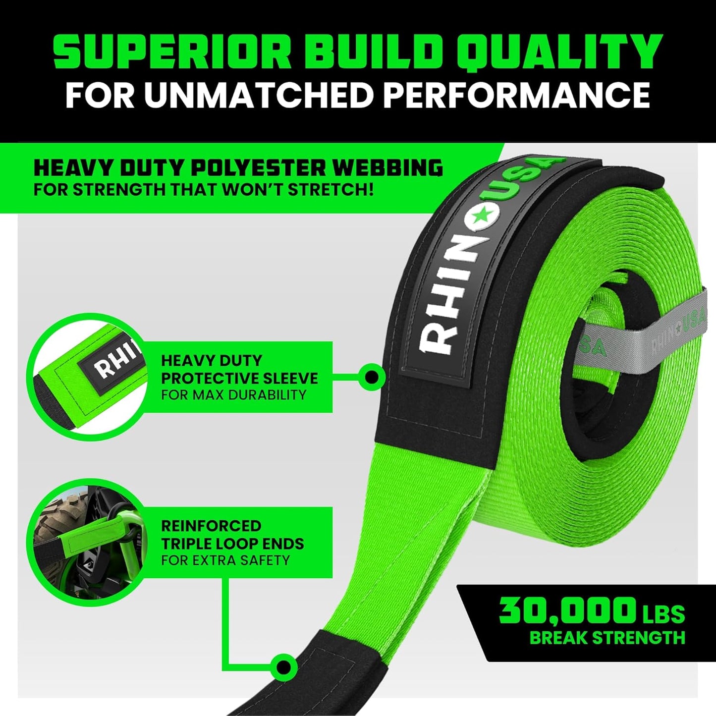 Rhino USA Recovery Tow Strap (3" x 30') - 31,518lb Break Strength - Emergency Recovery Strap Tow Rope for Truck, UTV, ATV & More - Heavy Duty Towing Strap for Offroad 4x4 Use - Compatible with Jeep