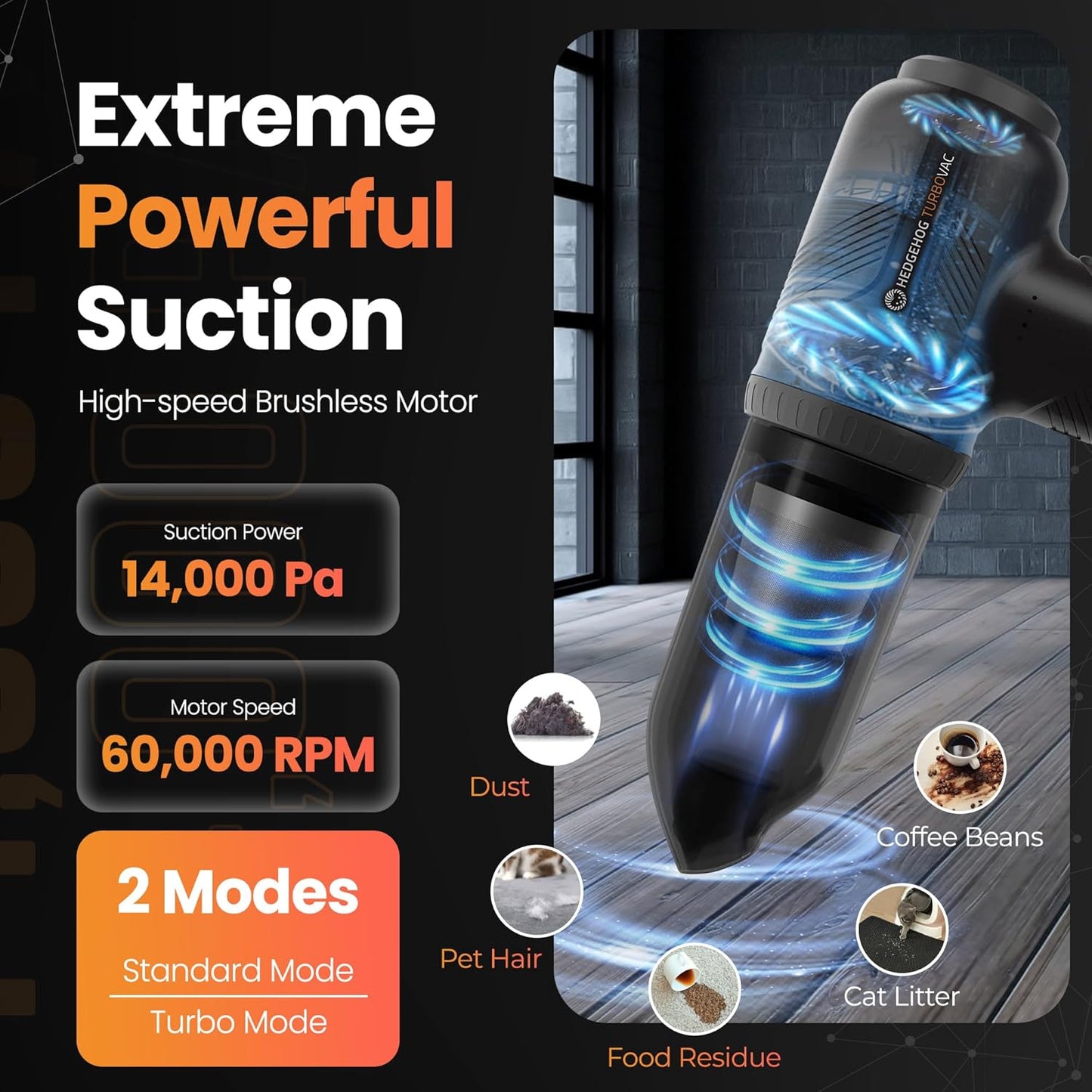 Hedgehog TurboVAC 3 in 1 Portable Car Vacuum Cleaner, Blower & Air Pump - Hand Held Vacuum Cleaner for Car with USB C Rechargeable, 14000PA Powerful Suction, Lightweight Dust Buster for Home & Outdoor