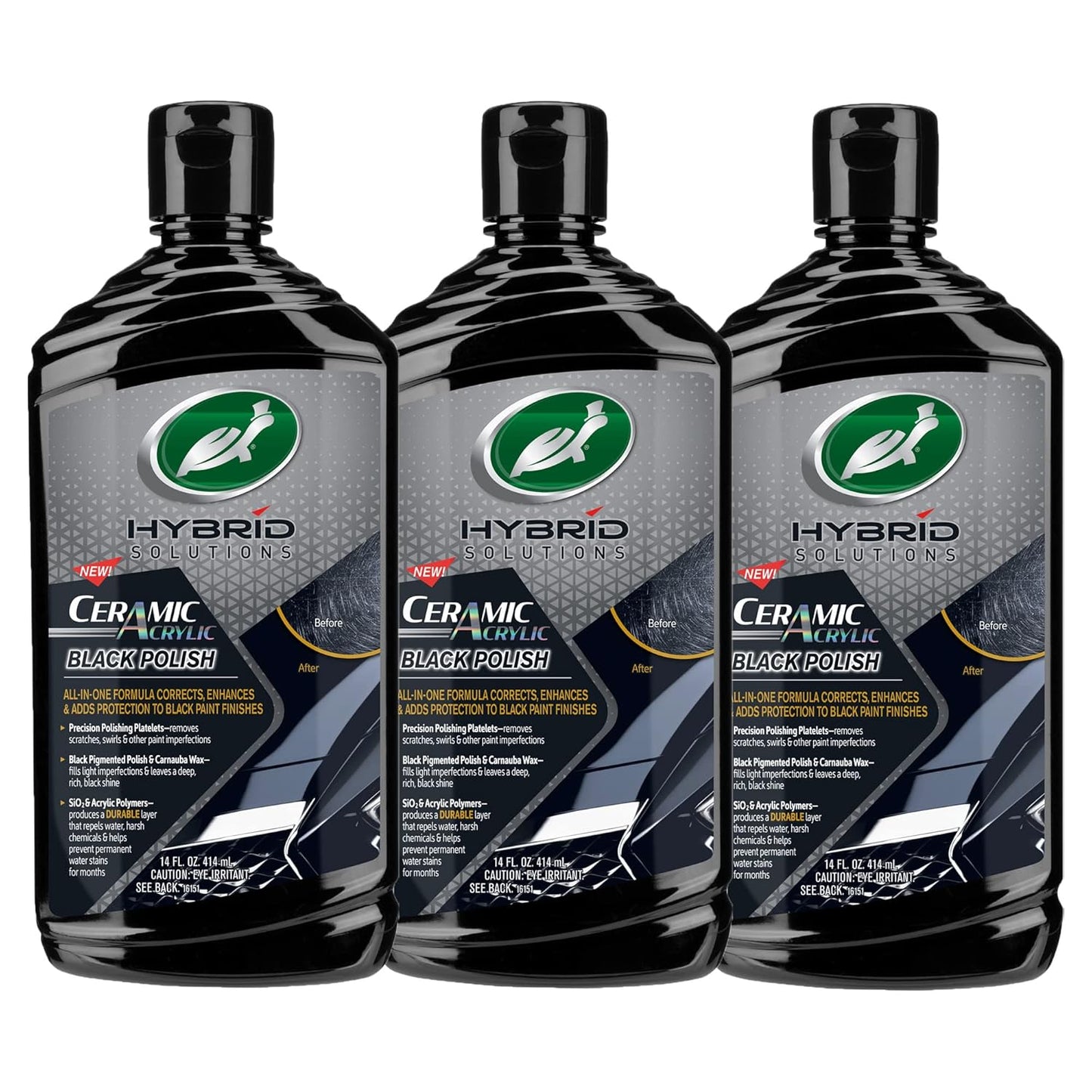 Turtle Wax 53895 Hybrid Solutions Ceramic Acrylic Black Polish and Wax Formulated for Black Car Paint, Removes Surface Scratches and Swirl Marks, Provides Water Repellency, 14 oz. (Pack of 3)