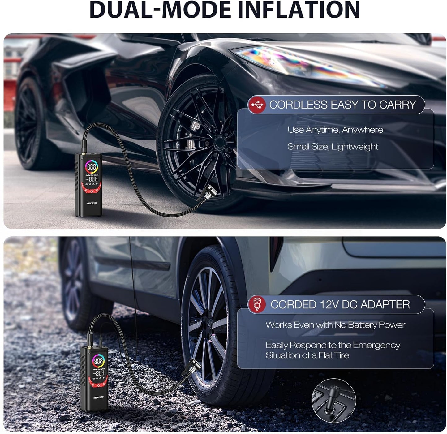 NEXPOW NP17 Portable Air Compressor, 150 PSI Digital Tire Inflator, Fast Inflation with Auto Shut-Off, LED Light, Multiple Nozzles for Car, Bike, and Ball, Compact Design, Red