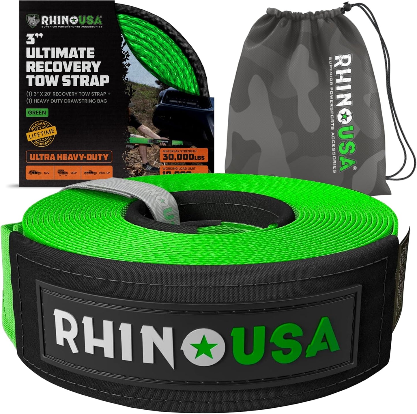 Rhino USA Recovery Tow Strap (3" x 20') - 31,518lb Break Strength - Emergency Recovery Strap Tow Rope for Truck, UTV, ATV & More - Heavy Duty Towing Strap for Offroad 4x4 Use - Compatible with Jeep