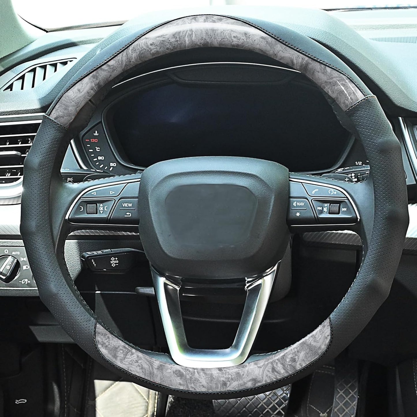 Wood Grain Steering Wheel Cover Gray Car Steering Wheel Covers 14.5-15 inch with Coasters Microfiber Leather Splicing Breathable Anti-Slip Durable Universal Auto Steering Wheel Protective