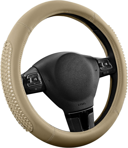 PIC AUTO Gel Particles Steering Wheel Cover, Beige Luxury Leather Car Steering Wheel Protector, Universal Fit 14.5"-15.5" Anti-Slip Car Interior Accessories for Girls & Women