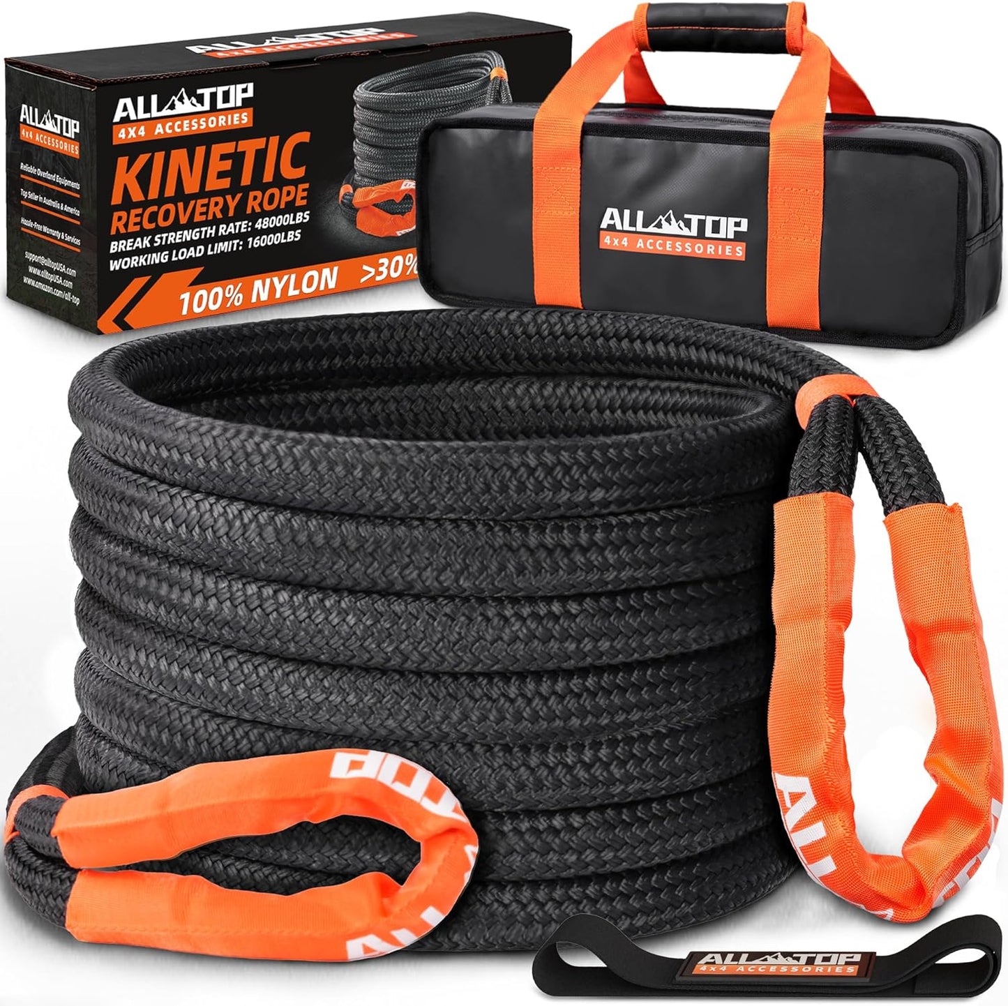 ALL-TOP Kinetic Recovery Rope, 48000Lbs, 1in x 20ft, Heavy Duty 30+% Elasticity, 16000Lbs Work Load Limit for 4x4 Offroad Vehicle