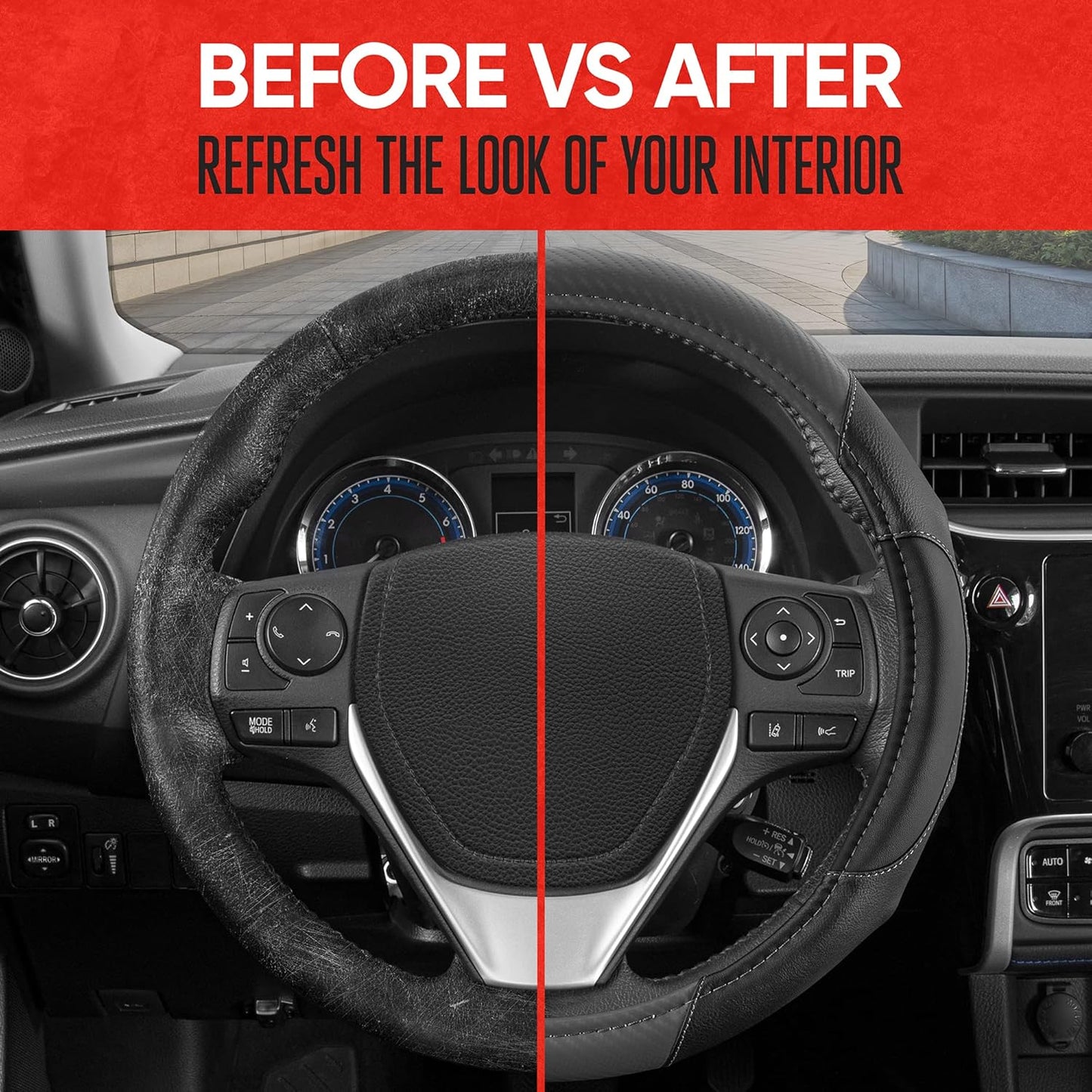 Motor Trend GripDrive Carbon Fiber Steering Wheel Cover, Non-Slip Sporty Racing Faux Leather Ergonomic Comfortable Handle, Steering Wheel Cover for Cars Trucks Vans SUV - Fits Standard 15 Inch - Gray