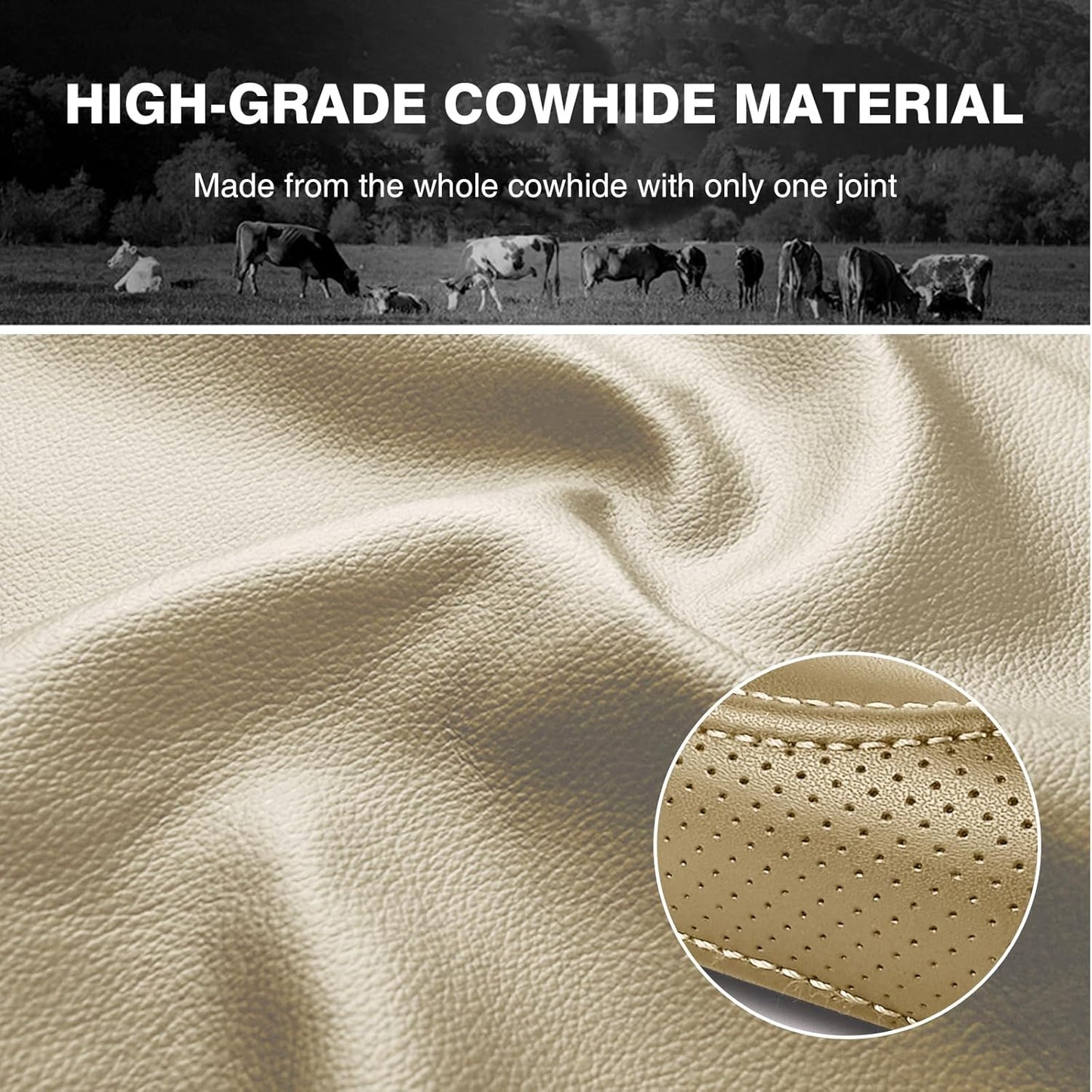 High-Grade Beige Genuine Leather Steering Wheel Cover for Men Women，Real Cowhide Leather Steering Wheel Cover for Cars,Universal 14.5-15 inch Steering Wheels