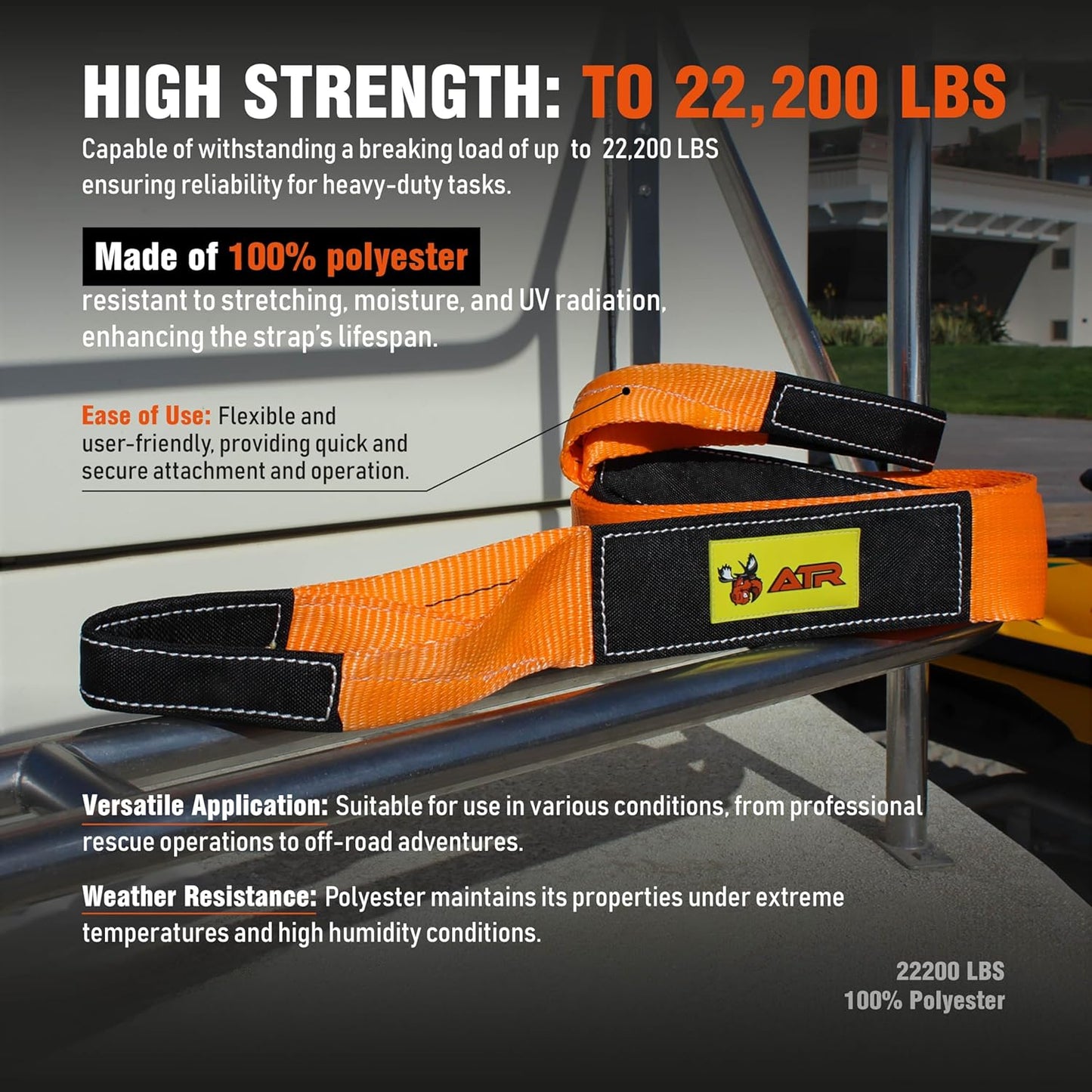 ATR Recovery Tow Strap 3" x 20ft – 22,200 lbs Breaking Strength, Heavy Duty Snatch Strap for Truck, SUV, Off-Road Pulling, Tow Rope with Storage Bag