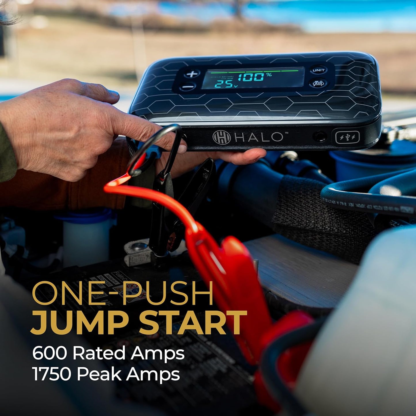 HALO Bolt Air+ 1750 Portable Car Battery Jump Starter | 130 PSI Air Compressor, 59.9Wh USB Power Bank, Large Display, Emergency Floodlight & Charger, Jumps Cars SUVs & Trucks, Inflates Tires — Blue