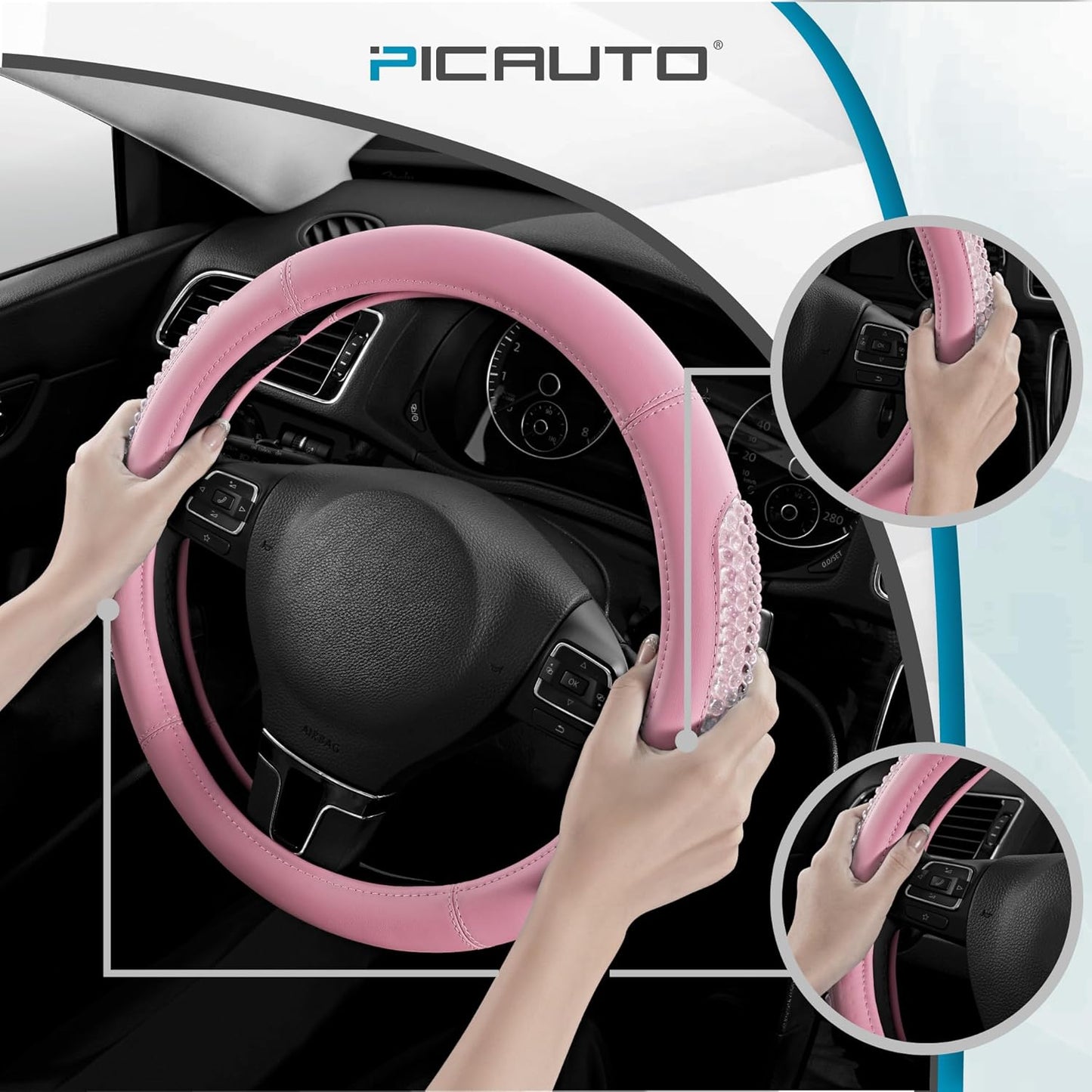 PIC AUTO Gel Particles Steering Wheel Cover, Pink Luxury Leather Car Steering Wheel Protector, Universal Fit 14.5"-15.5" Anti-Slip Car Interior Accessories for Girls & Women
