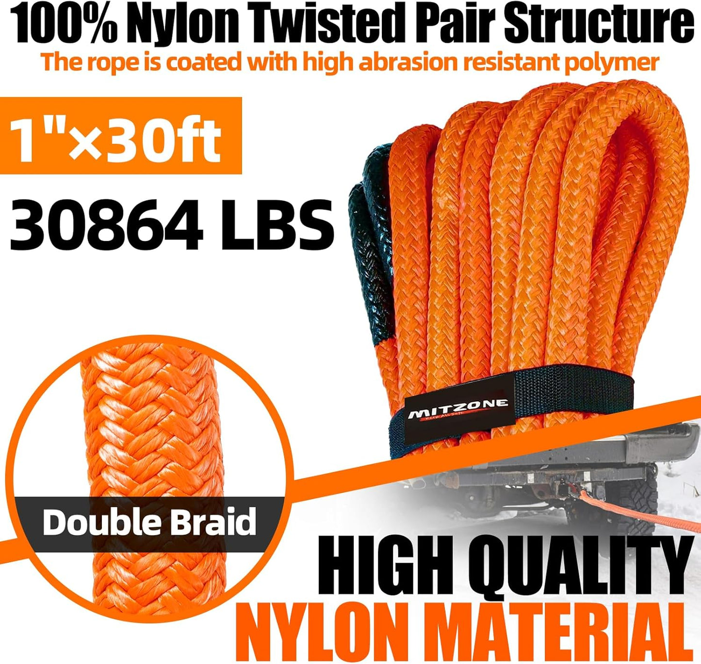 MITZONE Recovery Tow Strap,Heavy Duty Tow Strap Recovery Kit,Car Vehicle Heavy Duty Recovery Rope 30864 lbs for Diesel Trucks,SUV, ATV,Backhoe, Excavators,Ring Shackles,Storage Bag