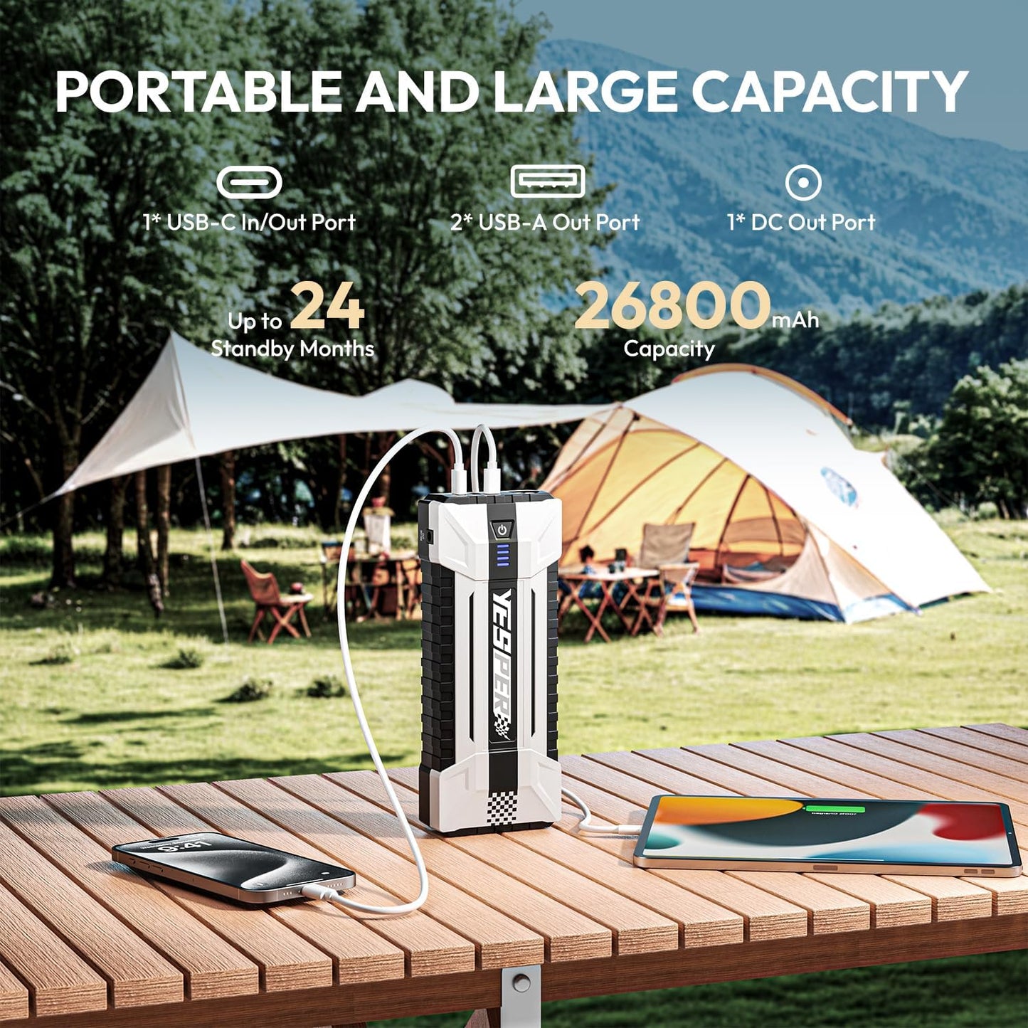 YESPER 4120A Jump Starter, 12V Car Battery Jumper Starter Portable (All Gas, up to 10.0L Diesel Engine), 26800mAh Battery Start Booster Pack, Jump Box with Carry Case, Jumper Cables, LED Light