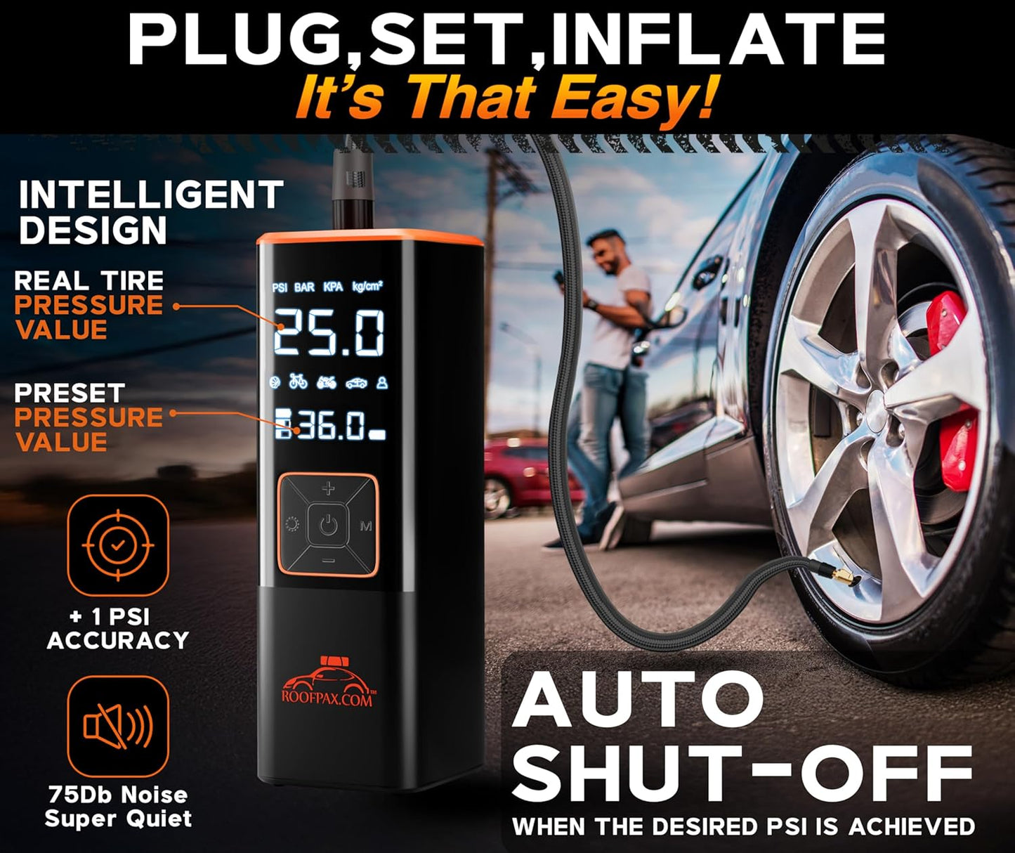 RoofPax Car Tire Inflator Portable Air Compressor 150 PSI Battery Powered 3x Faster Portable Tire Inflator for Car with Digital Pressure Gauge Auto Air Pump