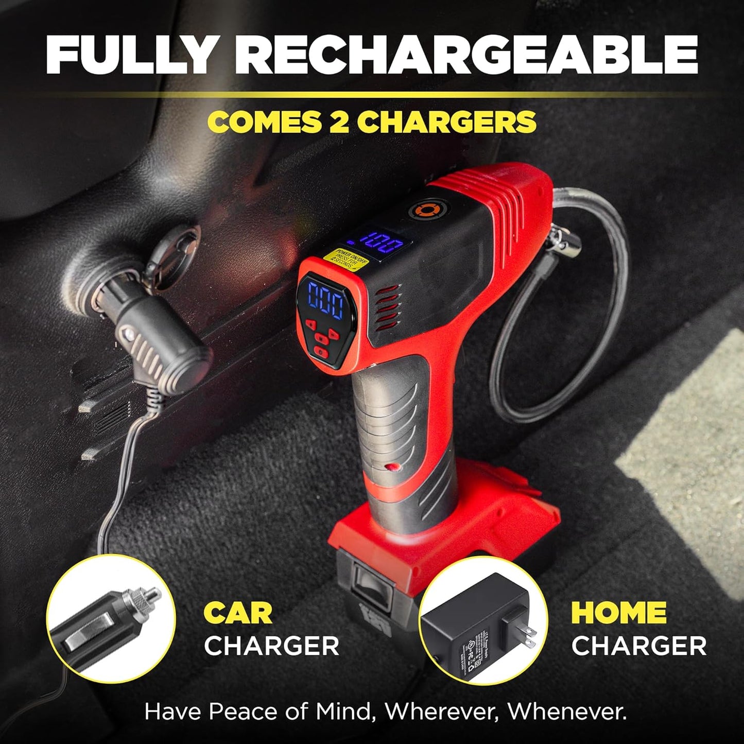 Bullseye Pro Automatic Digital Tire Inflator 150 PSI Max w/Gauge Display Screen & Pre-set Pressure in KPA, PSI, BAR, kg/cm, Built-in LED Lights, Rechargeable, Air Compressor, Car Tire Pump