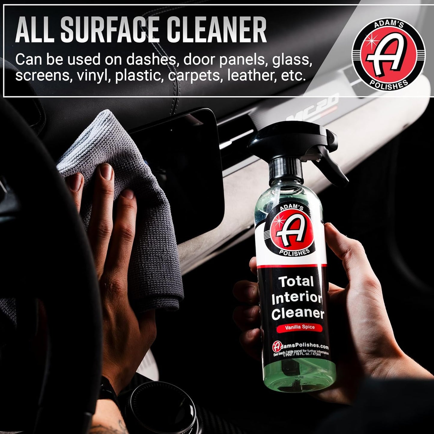 Adam's Polishes Total Interior Cleaner & Protectant, Quick Detailer & SiO2 Protection, Ceramic Infused, Anti-Static, OEM Finish, For Leather, Vinyl, Plastics, Glass & More