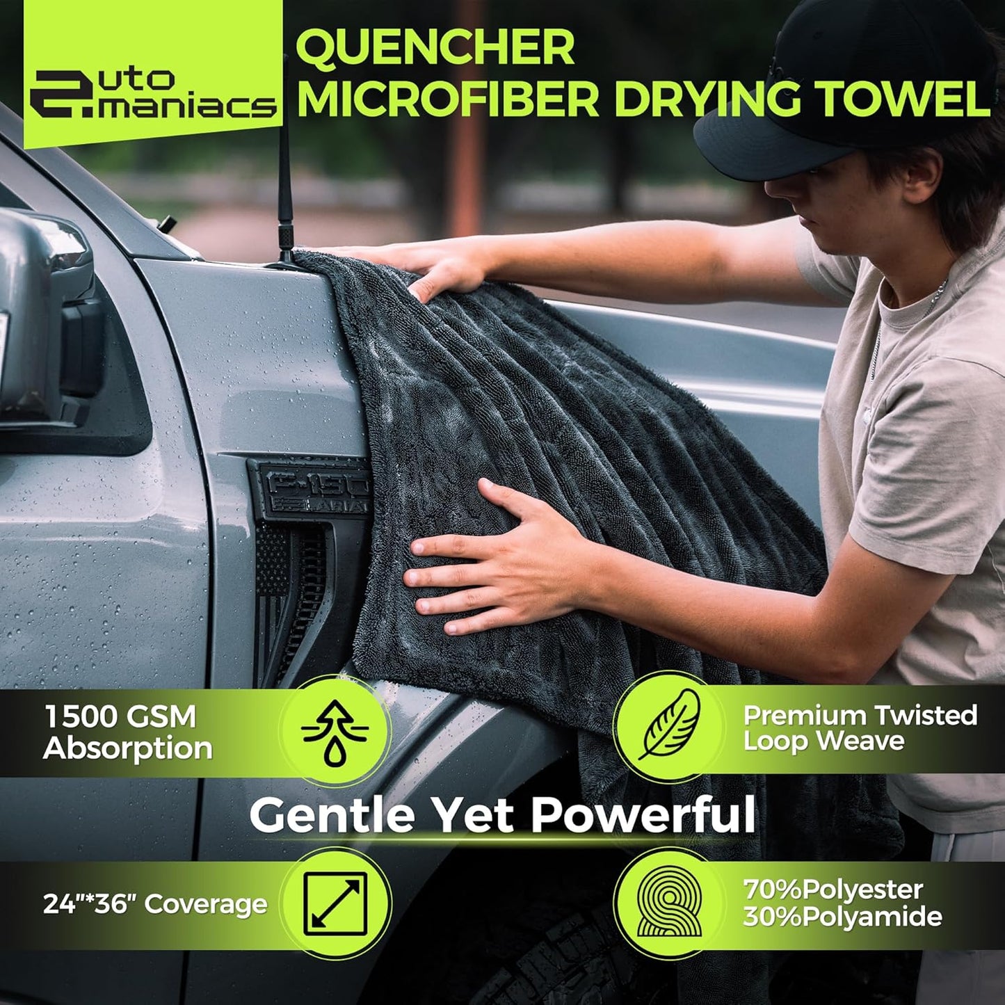 AutoManiacs Drying Towel for Car Detailing, 1500 GSM Ultra Super Absorbent, 24"x36" XL Soft Microfiber Towels for Cars, Twisted-Loop & Streak Free Microfiber Towels for Cars, Trucks, SUVs