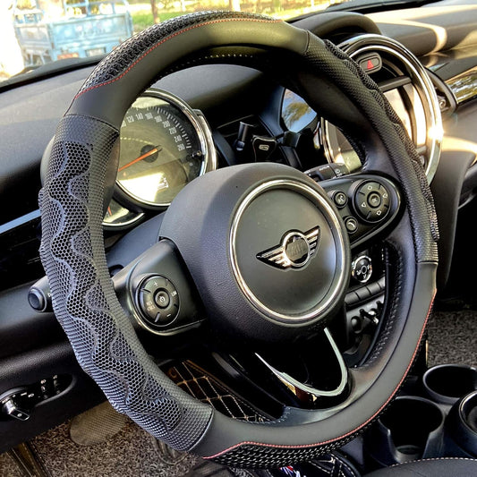PINCTROT Large Size Steering Wheel Cover Great Grip with 3D Honeycomb Anti-Slip Design, 15.5-15.75 Inch (Black/Red Stitch)