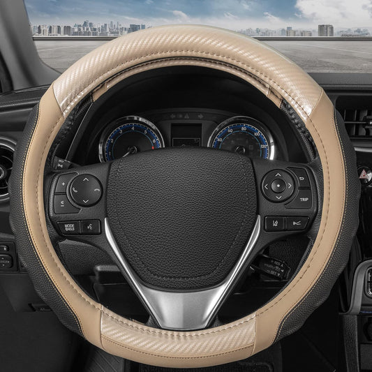 Motor Trend UltraSport Beige Carbon Fiber Steering Wheel Cover, Standard 15 inch Size, Black Faux Leather Comfort Grip, Car Steering Wheel Cover for Auto Truck Van SUV