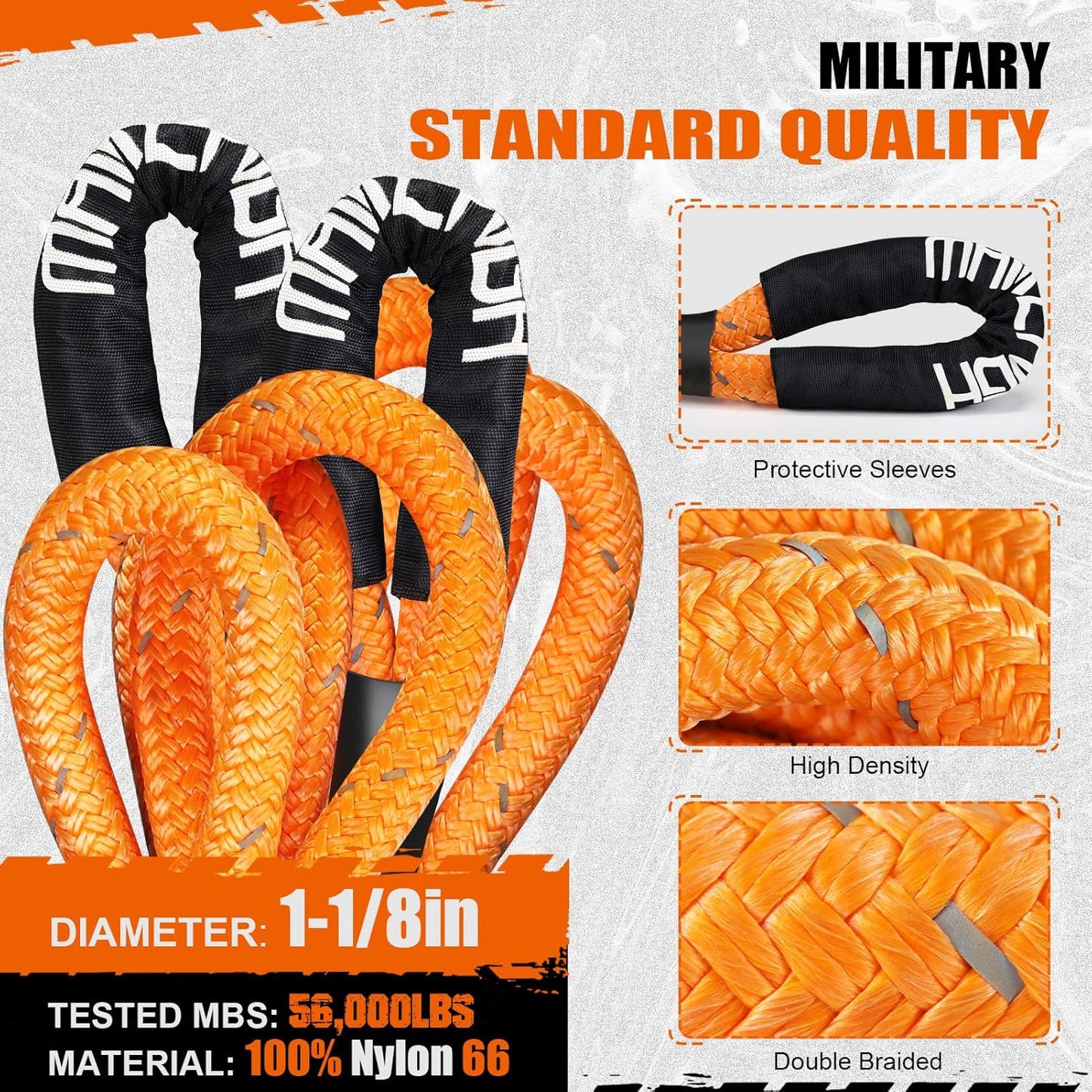 MAIKEHIGH 1-1/8" x 30ft Kinetic Recovery Rope, 56,000LBS Heavy Duty Offroad Recovery Strap (Reflective), 30+% Elasticity Vehicle Tow Rope for Trucks 4WD Pickup Tractor Car SUV ATV UTV