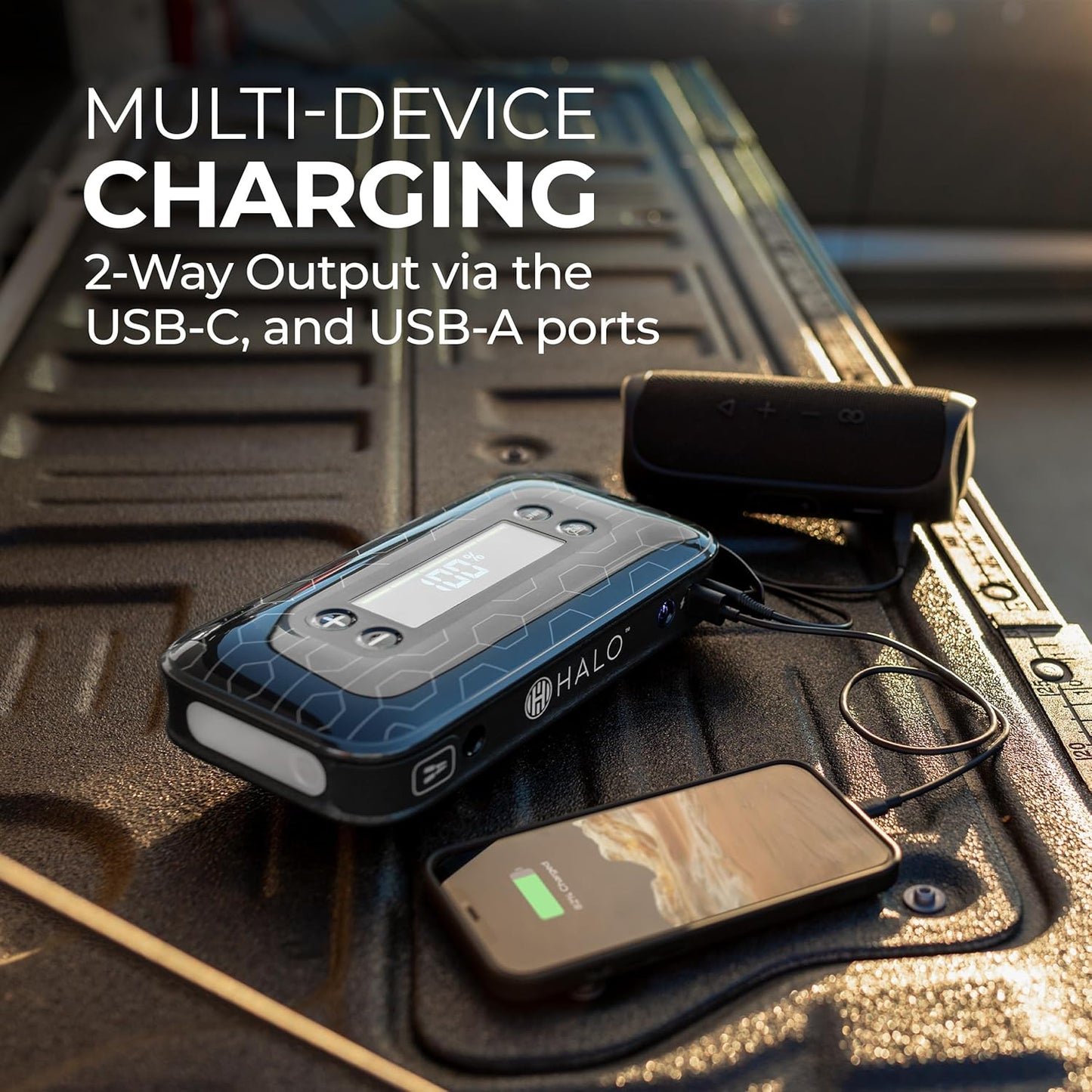 HALO Bolt Air+ 1750 Portable Car Battery Jump Starter | 130 PSI Air Compressor, 59.9Wh USB Power Bank, Large Display, Emergency Floodlight & Charger, Jumps Cars SUVs & Trucks, Inflates Tires — Purple