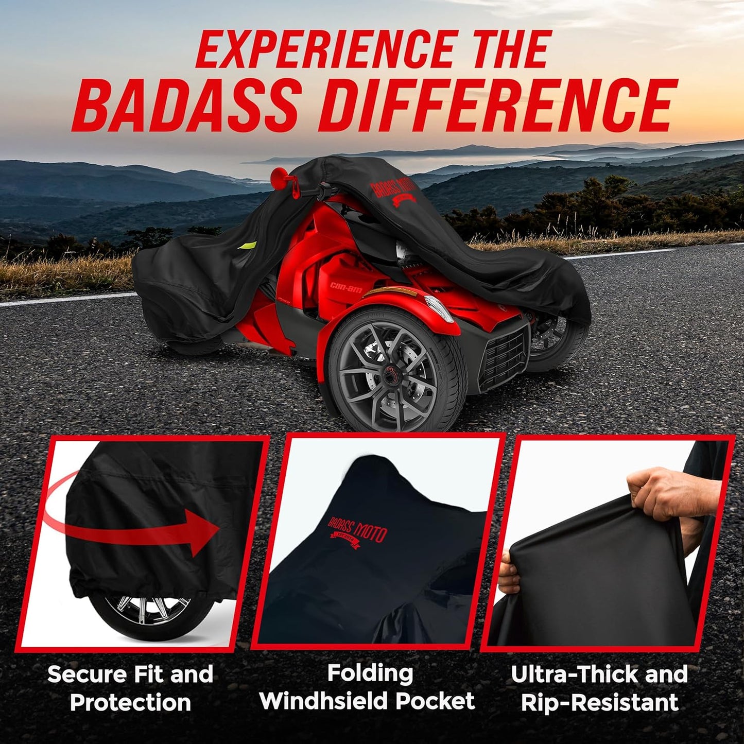 Badass Moto Can Am Ryker Cover Fits 600/900 Rally Sport Trike Three Wheeler. Heavy Duty. Won't Wimp Out. Fits Can-Am Ryker Motorcycle Accessories Waterproof Outdoor Storage